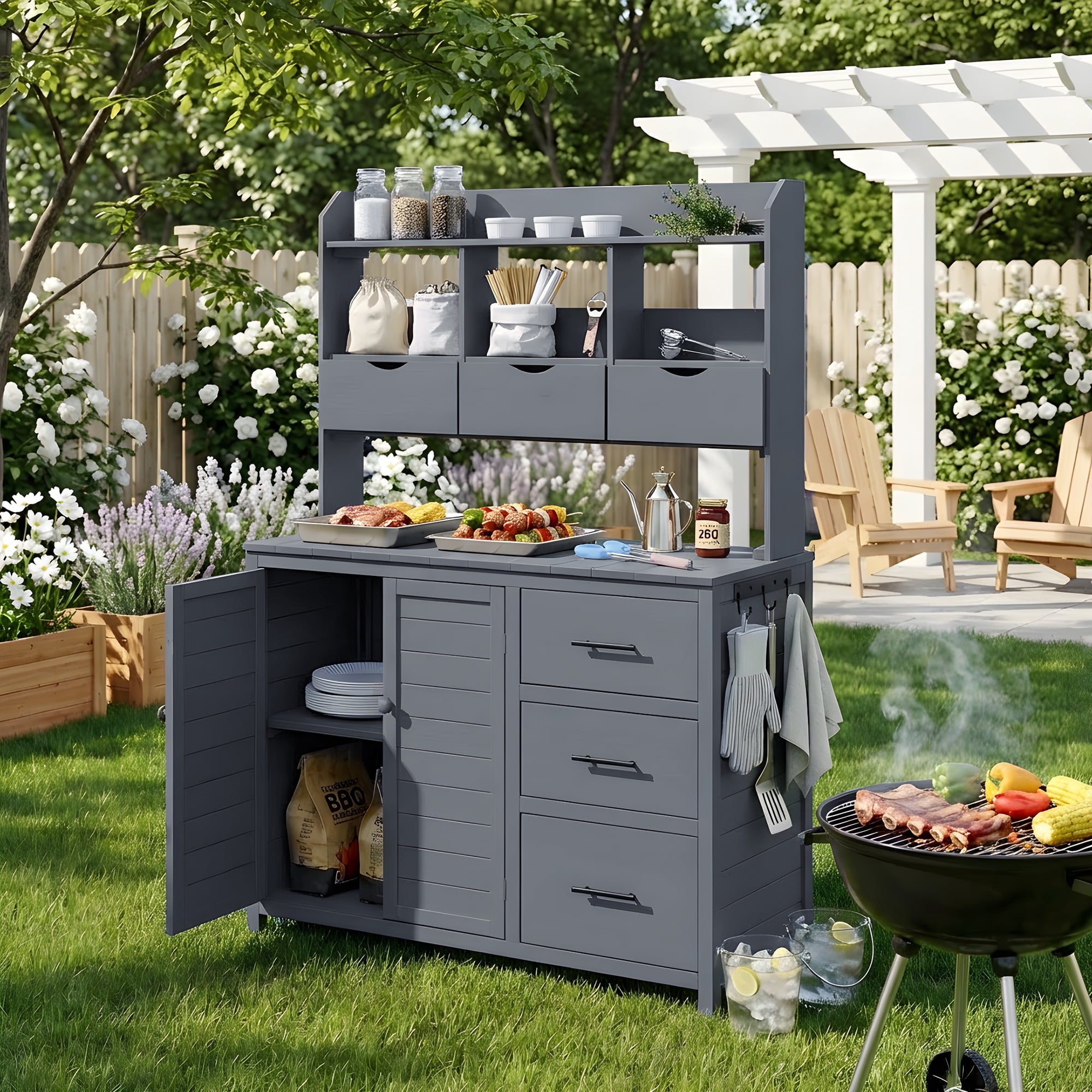 Freestanding Garden Workstation, 44.6x19.5 Inch Farmhouse Outdoor Potting Bench, Gray