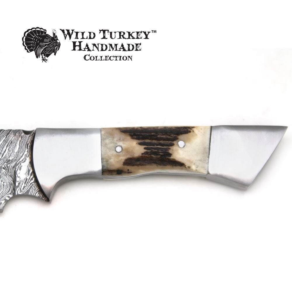 Wild Turkey Handmade Damascus Fixed Blade Hunting Knife w/ Leather Sheath