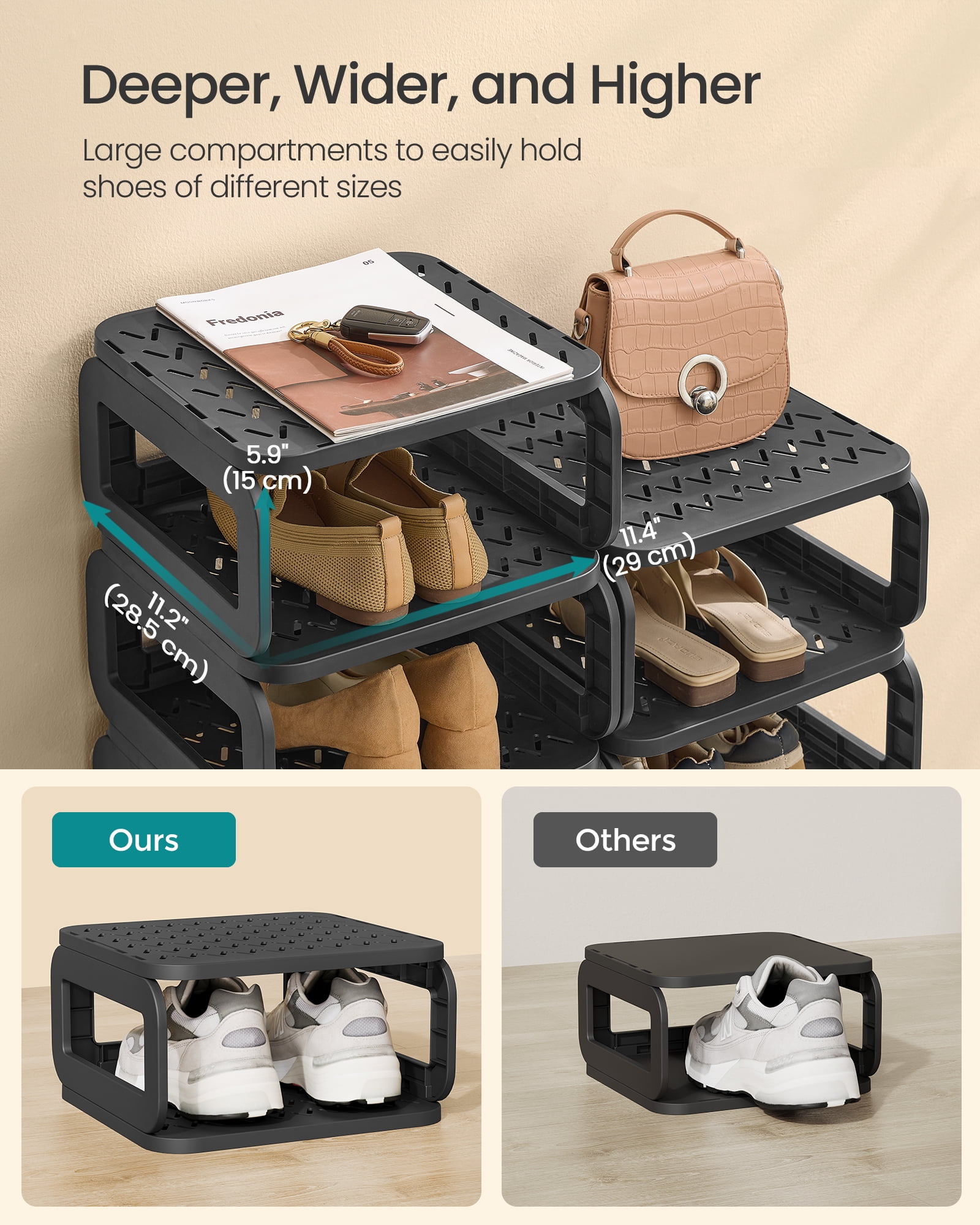 Shoe Rack, Shoe Organizer, 12 Shelves, Shoe Storage, Narrow Shoe Shelf, Open Shelf for Entryway, Living Room, Space-Saving, Ink Black