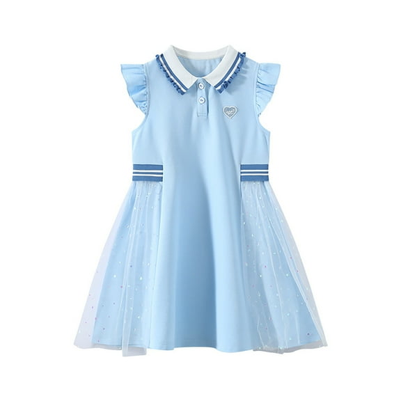 Fozruso Girls Dresses For School Girls Dresses Casual Summer Outfit Collar Mesh Spliced Versatile Dress For Toddler Kids Age 3 11 Years Sizes 3-4 Years