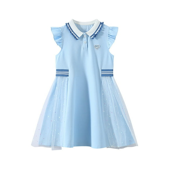 Wdgfv Robe Fille Insert Col Jupe Polyvalente Élégante Fête Anniversaire Célébration Tenue Décontractée Élégante Bleue 8-9 Ans