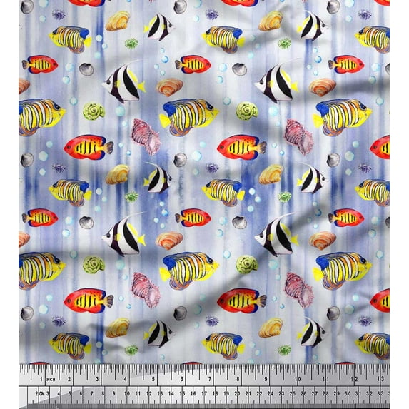 Soimoi Velvet Fabric Fish & Shells Ocean Print Fabric by The Yard 58 Inch Wide