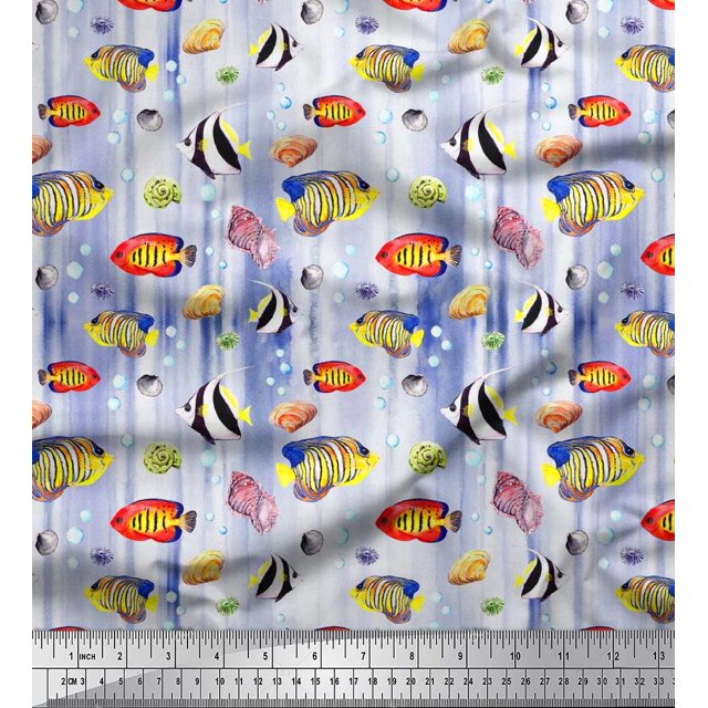 Soimoi Tissu Viscose Georgette Poisson & Coquillages Imprimé Océan par la Cour 42 Pouces de Large