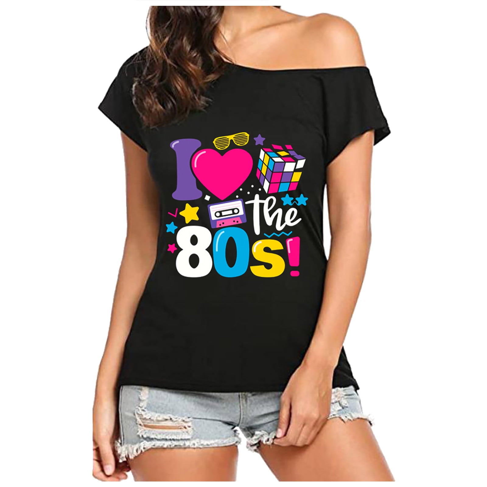 Womens I Love The 80s Classic Print Off Shoulder Tshirt 1980s Hen Party Tee 7857 