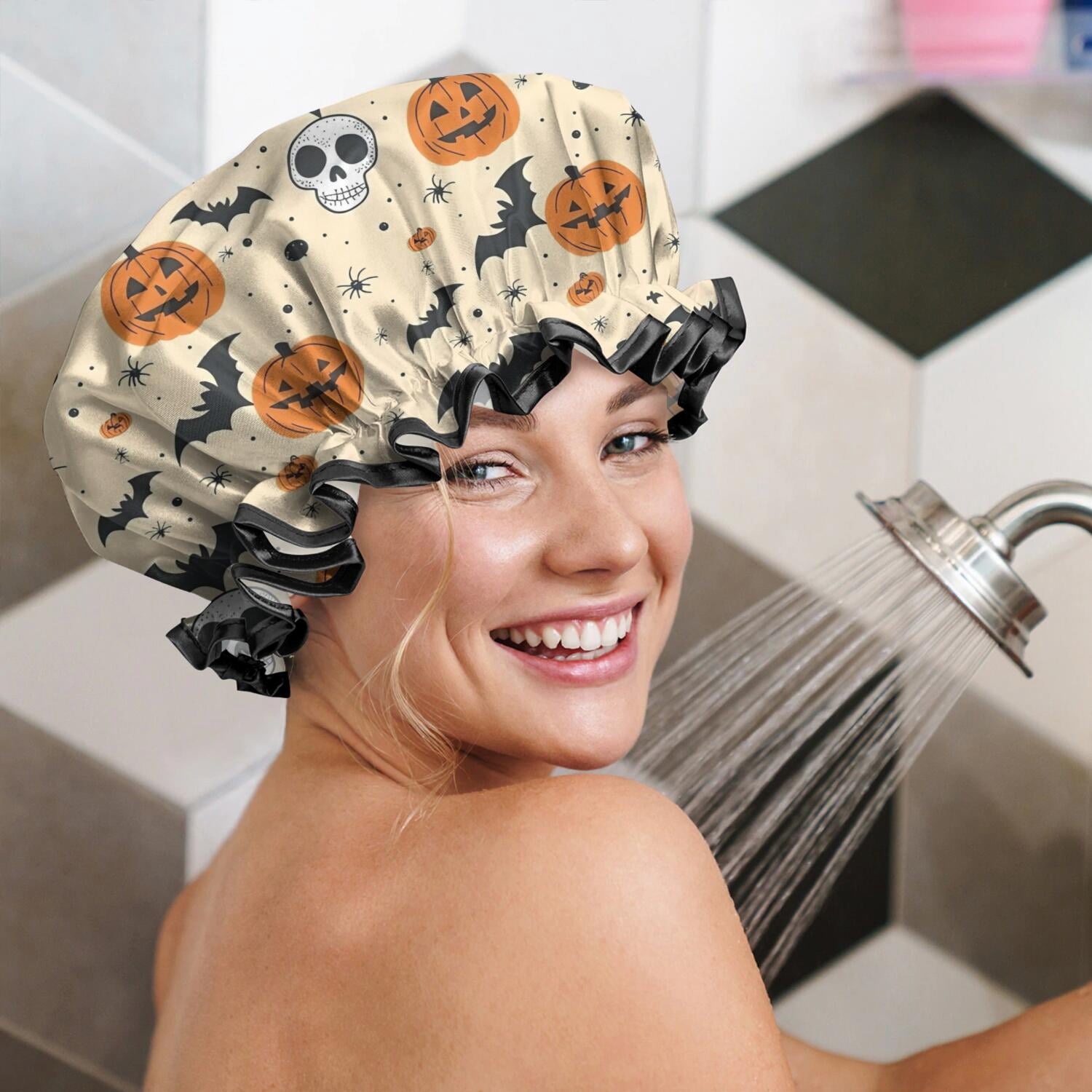 Shower Caps,Halloween Pumpkins Bats Skulls and Spiders Waterproof Shower Cap for Women 4 Pieces,Double Reusable Hair Cover for Shower PEVA Elastic Stretch Hem