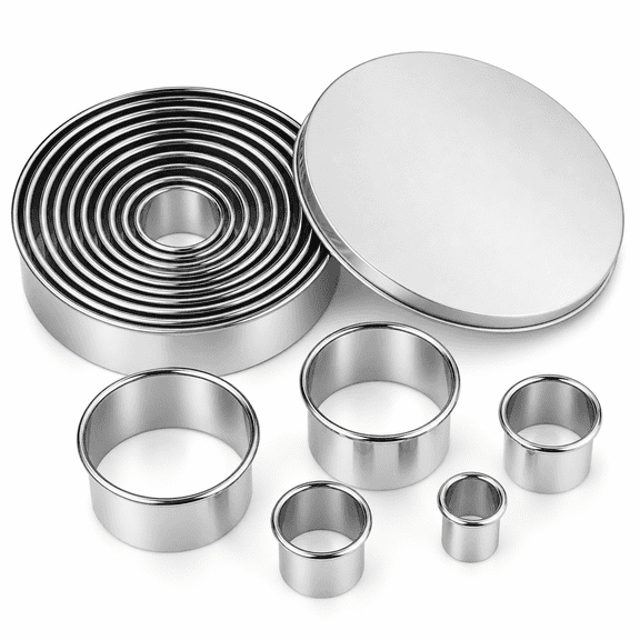 Hemivara 12-Piece Round Cookie Cutter Set, Stainless Steel Biscuit Cutters 1-4.5 in with Storage Tin for Baking