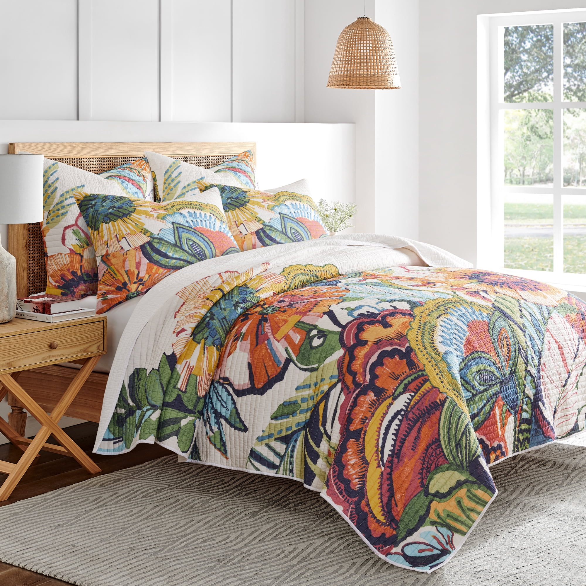 Levtex Home - Grandiflora Garden Quilt Set - Full/Queen Quilt (88x92in.) and Two Standard Shams (20x26in.) - Floral - Orange, Red, Blue, Green and Yellow - Reversible - Cotton/Polyester