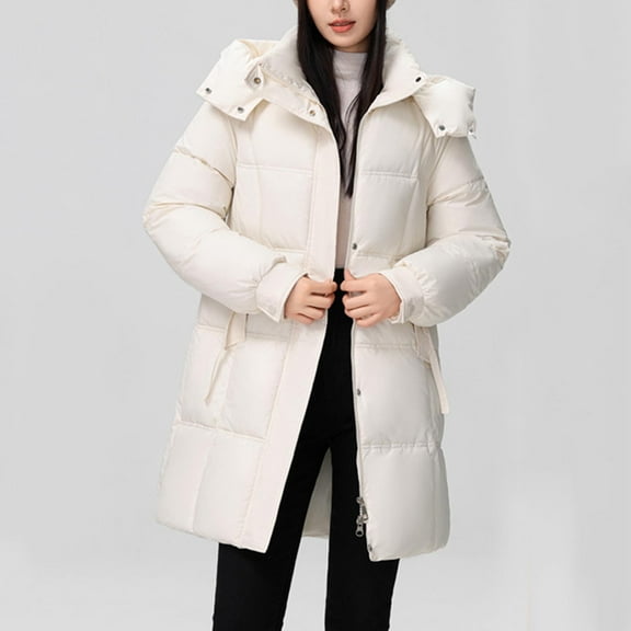 jtjvou Long Parka Puffer Jacket Women Long Sleeve Zip up Quilted Jacket Winter Length Padded Puffer Coat Outerwear Beige XXL