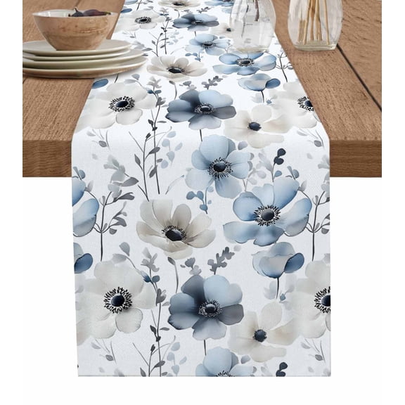 Ldtrchee Blue Grey Spring Floral Table Runner 70 Inches, Summer Watercolor Botanical Bed Runner Dresser Scarves Tabletop for Indoor Outdoor Parties/Ceremony/Banquet, 13" x 70"