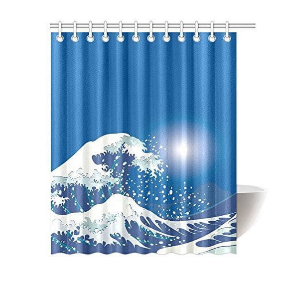HelloDecor Wave Blue Shower Curtain Polyester Fabric Bathroom Decorative Curtain Size 60x72 Inches