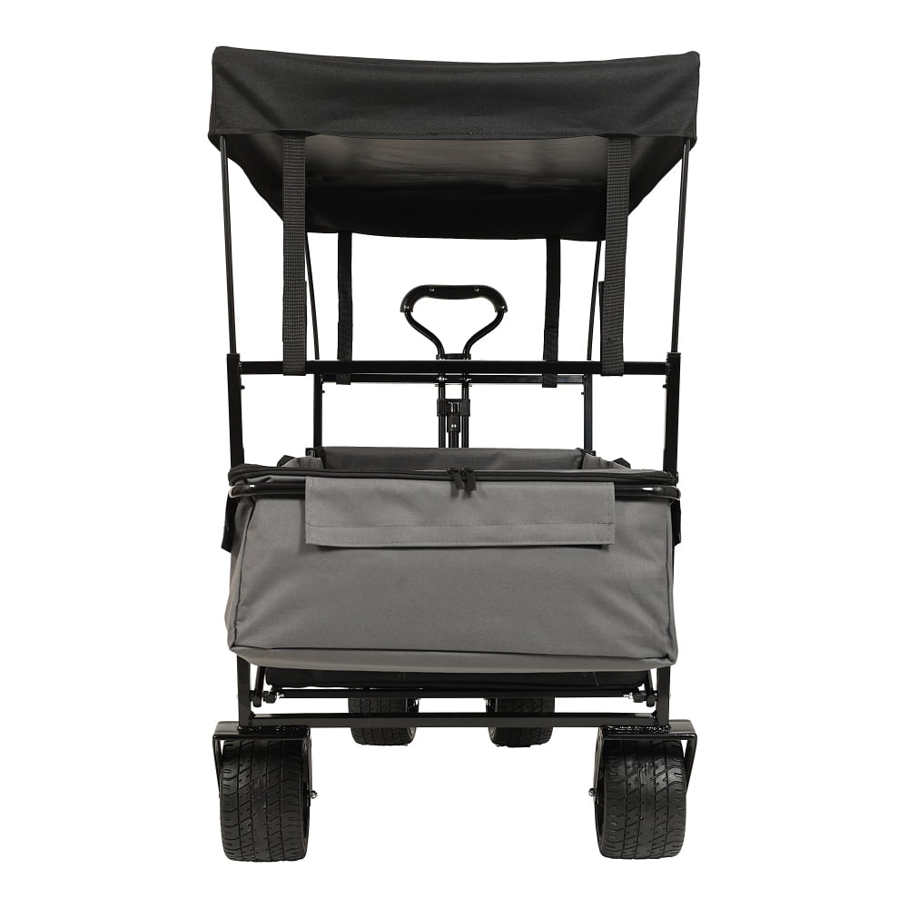 Hassch Collapsible Folding Wagon with Canopy and All-Terrain Wheels, Utility Storage Cart with Cooler Bag and Side Pockets, Beach Wagon for Sand, Camping, Sports, Shopping, Black