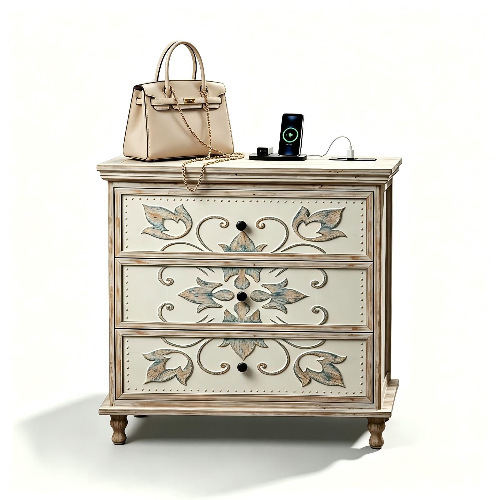 3-Drawer Nightstand with Carved Fronts, White and Wood, 31.5 x 15.75 x 32.24 in