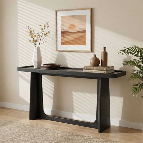Euroco 58" Console Table with Tray Top Design, Narrow Long Sofa Table with Wood Frame, Farmhouse Entryway Table for Living Room, Hallway,Foyer,Black