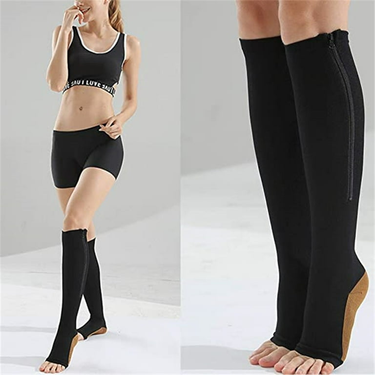 Zipper Pressure Compression Socks Support Stockings Leg - Open Toe Knee  High - 20-30mmHg - Helps Circulation, Varicose Veins, Swollen Legs, Zipper  - Nude Regular Size 