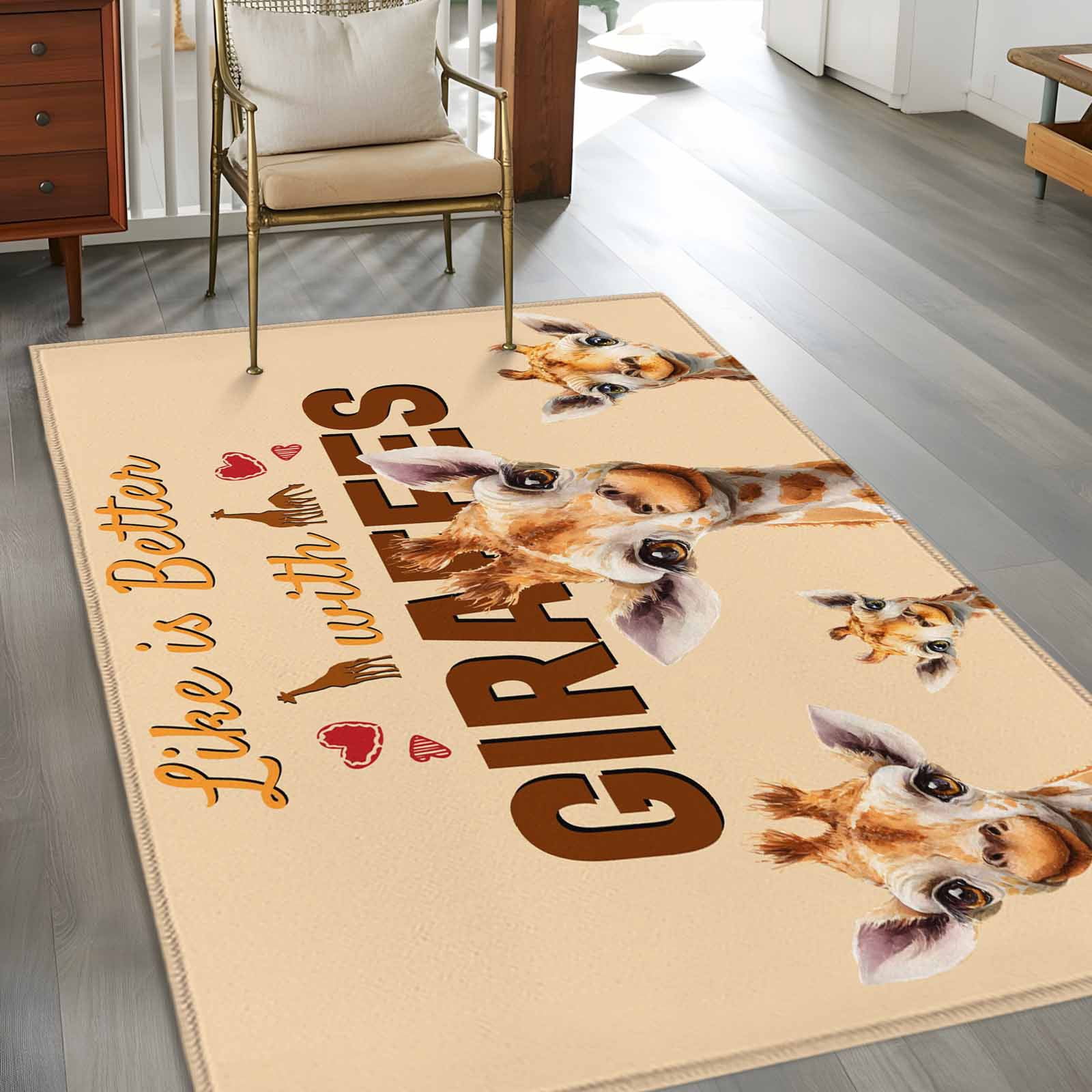 Giraffe Area Rugs 2.7'x5', Washable Small Throw Rugs for Kitchen Bedroom, Red Love Heart Farmhouse Animals Indoor Outdoor Rug Non-Slip Low Pile Carpet Runner Reversible Floor Mats