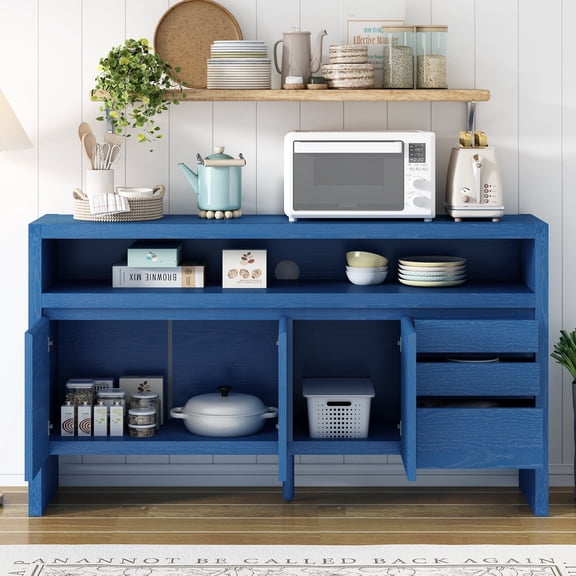 Xukmct 3 Door Wood Storage Cabinet with 3 Drawers and Shelves, 60" Sideboard Cabinet for Living Room, Hallway, Dining Room, Kitchen, Navy Blue