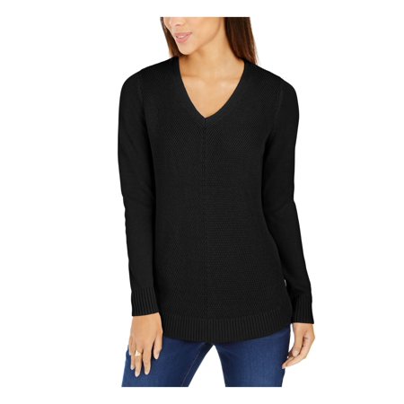 CHARTER CLUB Womens Black Ribbed Long Sleeve V Neck T-Shirt Petites PP