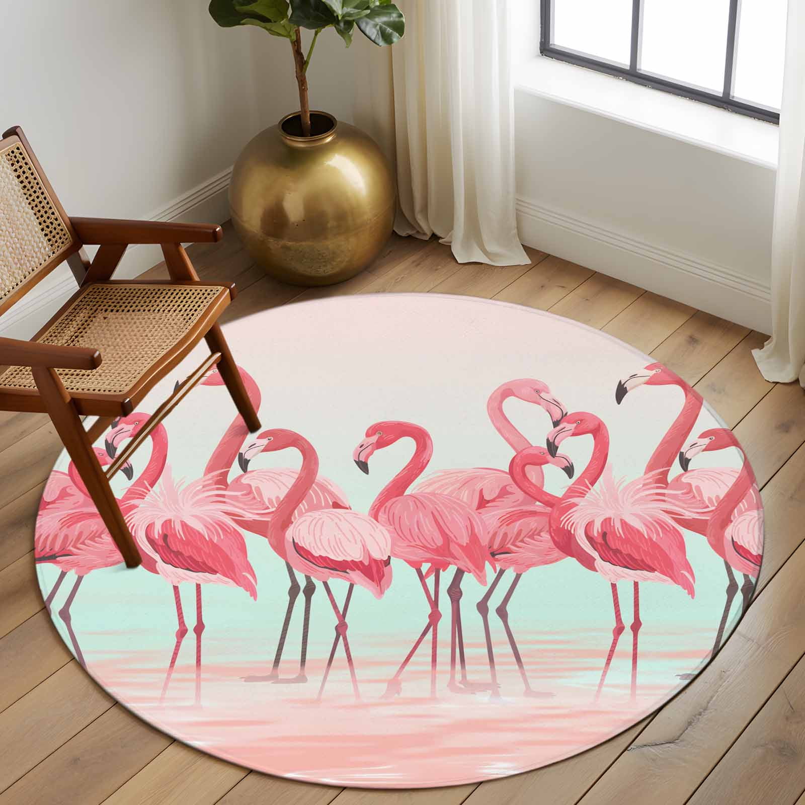 Pink Flamingo Round Rugs 7ft, Summer Tropical Flamingo Hawaii Animals Non Slip Washable Rug Runner, Low Pile Indoor Floor Carpet Mat Bathroom Rugs for Living Room, Bedroom, Kids Room
