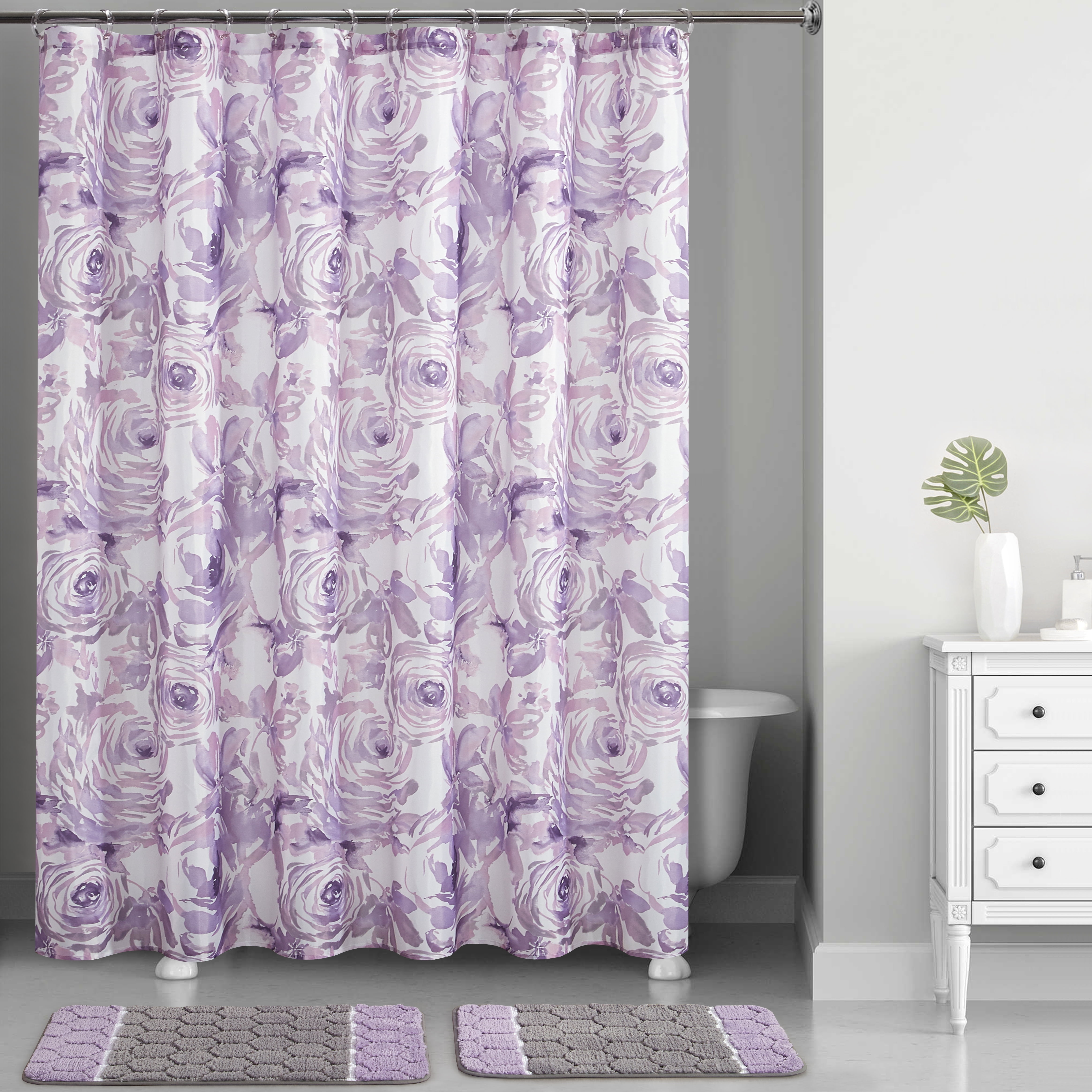 Mainstays Lavender Fl Watercolor, Pink And Gray Flower Shower Curtain