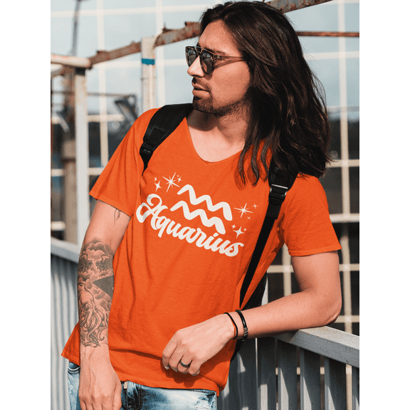 Respect My Tshirt - Aquarius Zodiac Sign Graphic T-Shirt, Astrology Symbol Design, Crew Neck, Orange, Small