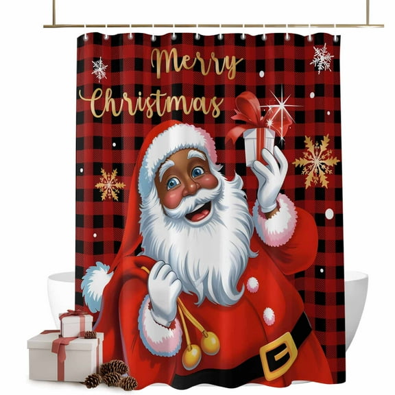 Black Santa Claus Merry Christmas Bathroom Shower Curtain Xmas Snowflake Red Plaid Waterproof Washable Shower Curtains for Bathtub Bath Decor with Grommets and Hook 72 X 72 Inch