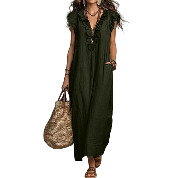 BOMYJESK Dresses for Women Ruffle Cap Sleeve V Neck 2026 Cotton Linen Dress Casual Summer Long Dress Boho Vacation Outfits with Side Pockets Green S
