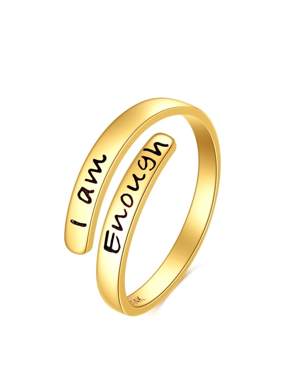 14K Real Gold I Am Enough Ring Adjustable Open Inspirational Ring Yellow Solid Gold Jewelry Gifts for Women Men