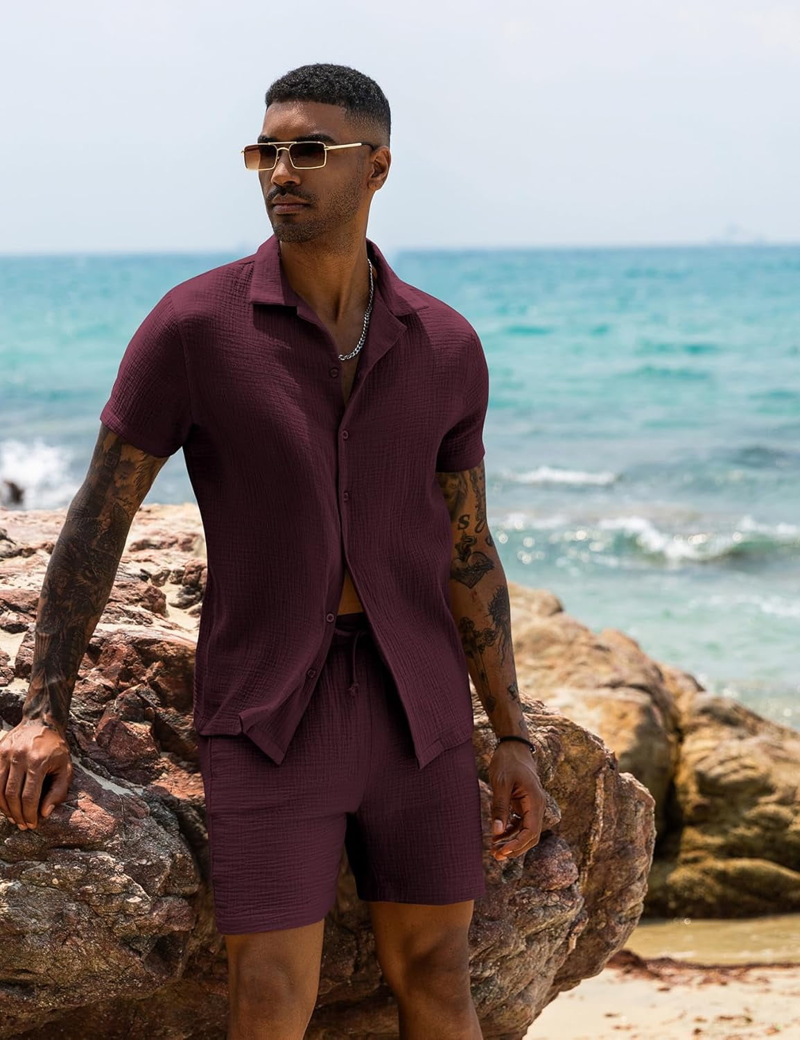 URRU Mens Linen Sets 2024 Summer Fashion Short Sleeve Shirt