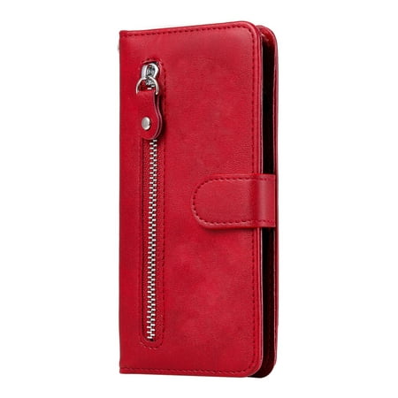 Case for Motorola Moto G9 Plus Zipper Pocket Wallet Leather Case Magnetic Closure Flip Cover - Red