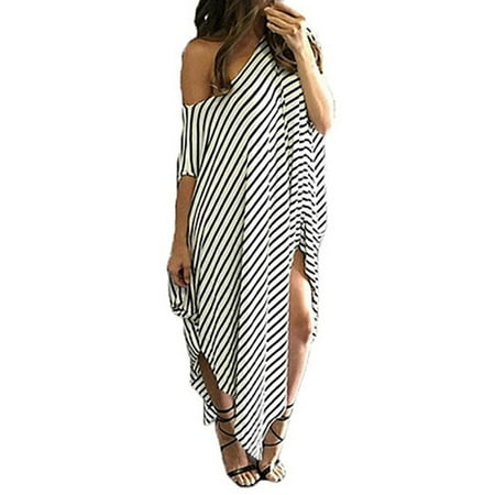 Womens Round Neck Striped Irregular Long Maxi Dress