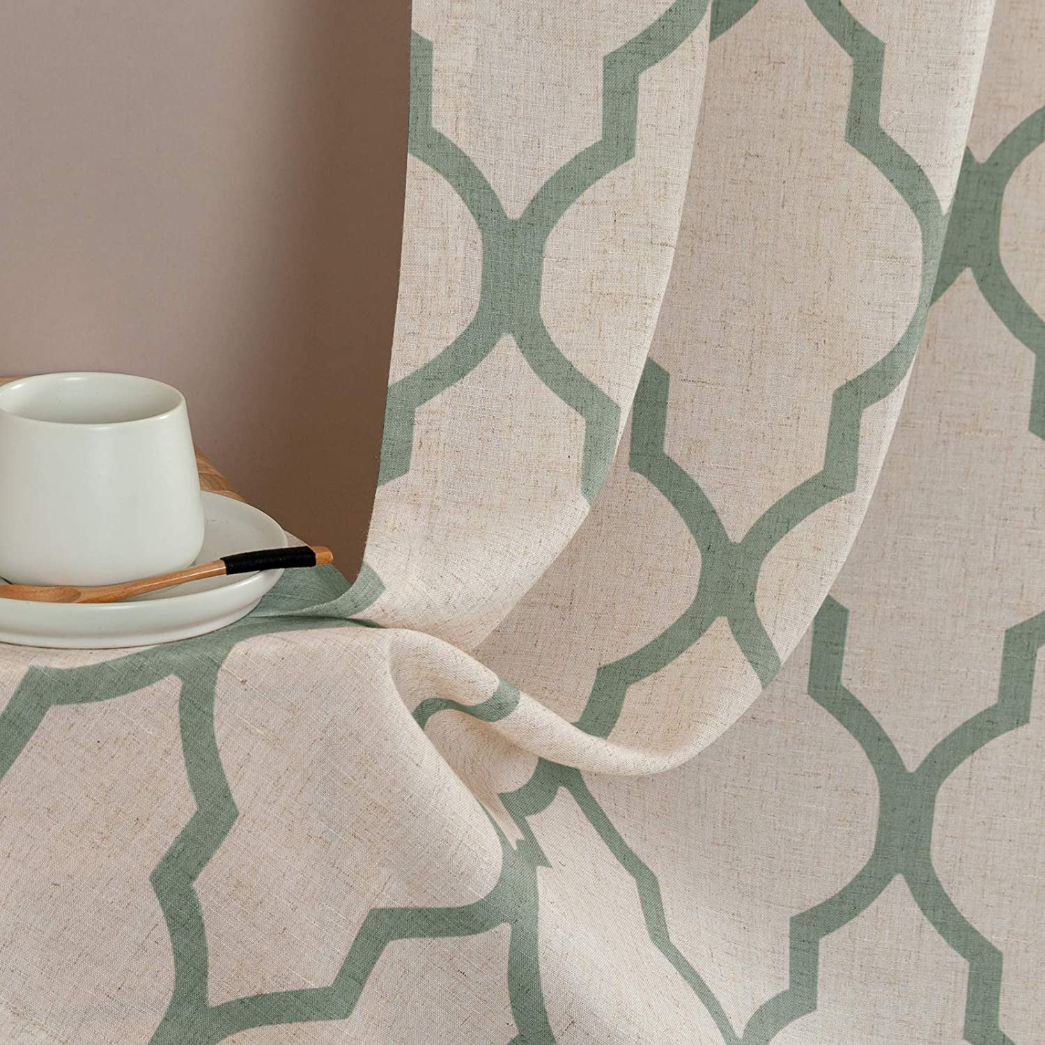 Curtainking Kitchen Curtains Moroccan Tile Print  Cafe Curtains 26x36 inch ShortCurtains for Bathroom 2 Panels Sage on Flax