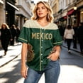 thumbnail image 5 of Mexico 2026 Soccer Cup Style Vintage Baseball Jersey for Women, Short Sleeve Button-Down Shirt with Retro Sun & Eagle Graphic, Breathable Polyester Sports Top, 1 PC Army Green L, 5 of 6