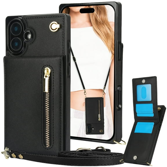 CCSmall for Apple iPhone 16 Case Wallet Crossbody with Card Holder for Women, RFID Blocking PU Leather Zipper Handbag Purse Flip Cover Shoulder Strap Lanyard Phone Case for iPhone 16 ZP Black
