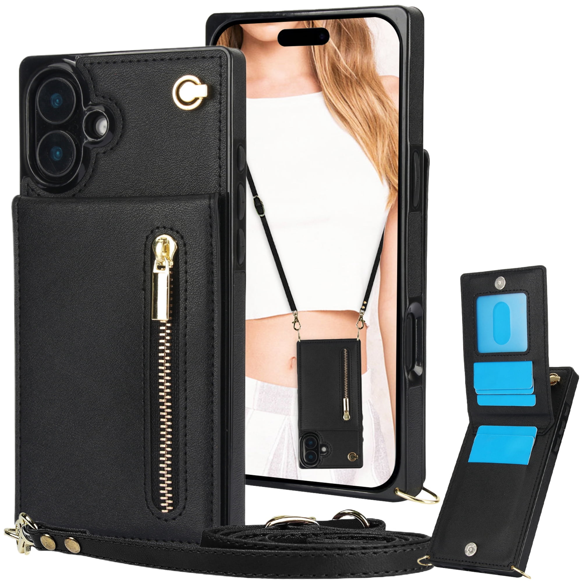 CCSmall for Apple iPhone 16 Case Wallet Crossbody with Card Holder for Women, RFID Blocking PU Leather Zipper Handbag Purse Flip Cover Shoulder Strap Lanyard Phone Case for iPhone 16 ZP Black