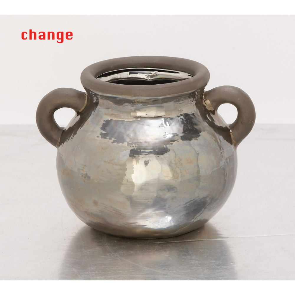 Decmode Eclectic Style Large, Round Metallic Silver Ceramic Pot with