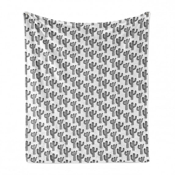 Black and White Soft Flannel Fleece Throw Blanket, Repetitive Pattern of Outline Exotic Cactus Plants Image, Cozy Plush for Indoor and Outdoor Use, 60" x 80", Black and White, by Ambesonne