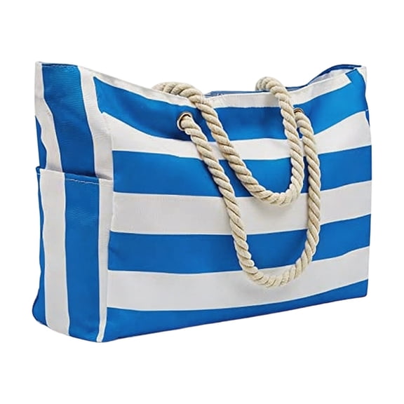 Oversized Canvas Beach Tote Bag for Women, Waterproof Sandproof Travel Tote Bag with Wet Pocket, Striped Swim Pool Bag Zipper Beach Tote