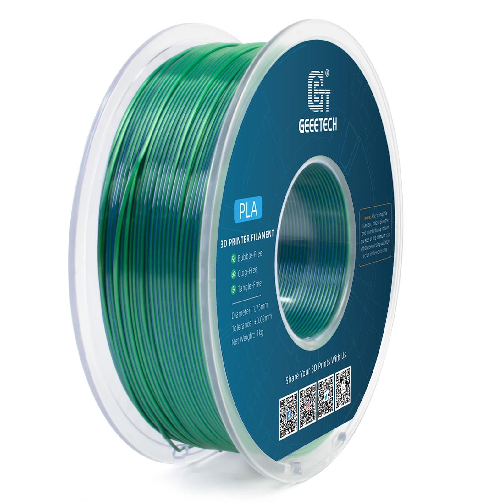 Geeetech Anti-silk type 3D Printer PLA Filament 1KG Toughness Enhanced Filament with 1.75mm Dimensional Accuracy +/-0.03mm, 1080 Feet per Roll, Vacuum Packaging Two-tone blue and green