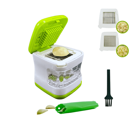 NextG Ideaz Mini Garlic Press Cube, Stainless Steel Blades, BPA-Free Plastic, Includes Silicone Garlic Clove Skin Peeler and Cleaning Brush