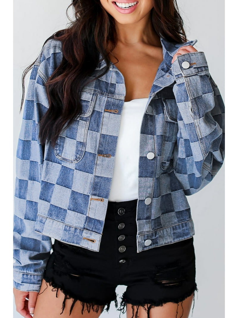 Unique Two-Tone Checkered Denim Jacket - Light Blue - Walmart.com