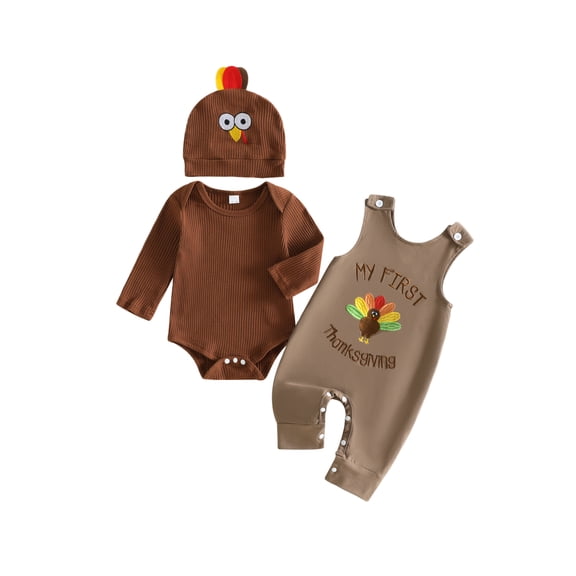 Cjfdfy Newborn Baby Boy Thanksgiving Outfits My First Thanksgiving Turkey Embroidery Ribbed Knit Long Sleeve Rompers Letter Overalls Hat 3 Pieces Set Toddlers Turkey Overalls Fall Winter Outfits