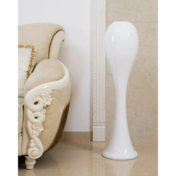 39" Tall White Narrow Unique Fiberglass Modern Floor Vase