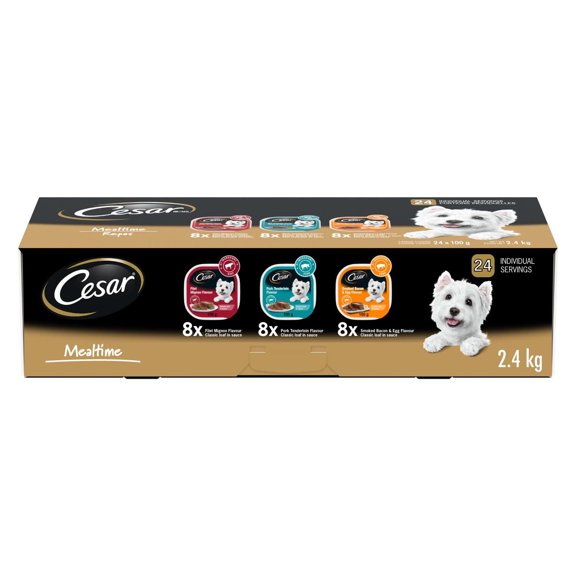 CESAR Classic Loaf in Sauce Wet Dog Food Mealtime Variety, with 8 Filet Mignon, 8 Pork Tenderloin & 8 Smoked Bacon & Egg Flavours, trays 24 Pack