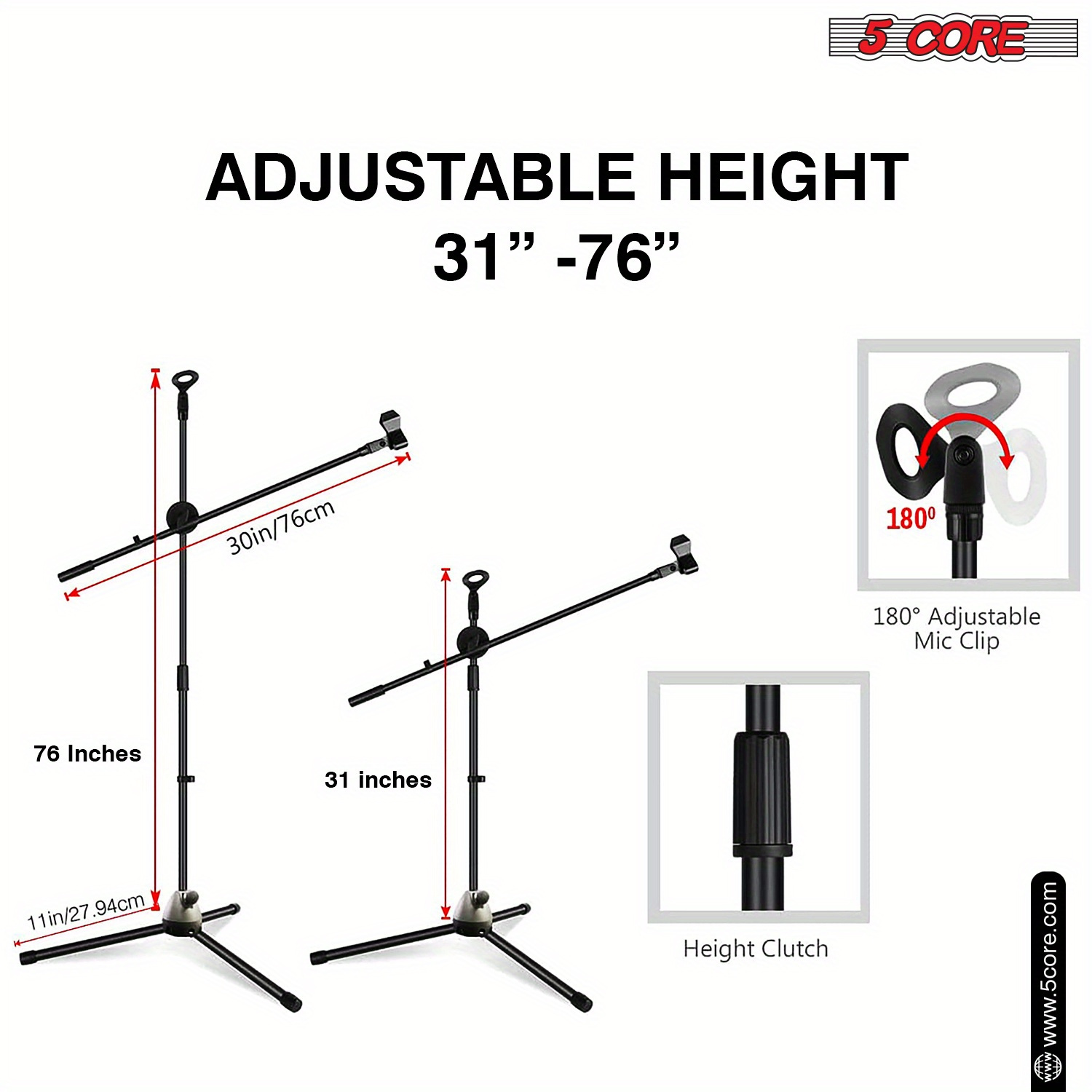 Tripod Microphone Stand Floor Adjustable 31 To 76 Inches Boom Arm Holder Microphone Stands 360 Degree Rotating