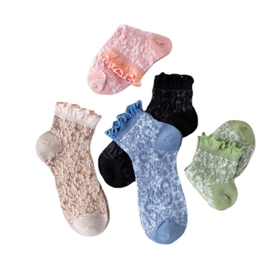 TELOLY 5Pcs Vintage Lace Ruffle Socks Small Floral Pattern Cotton Women