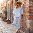 thumbnail image 5 of Cotton Linen Sets for Women Batwing Sleeve Henley Shirt Wide Leg Pants Set Summer Casual Outfit, 5 of 7