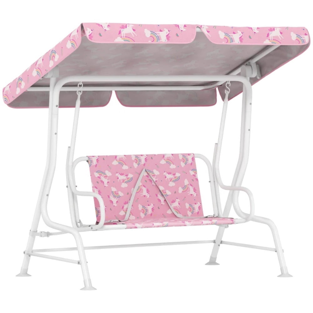 Pink & White Unicorn Rainbow Kids Swing Chair - Heavy-Duty Steel Frame, Adjustable Canopy, 132lbs Weight Capacity for Outdoor/Indoor Use