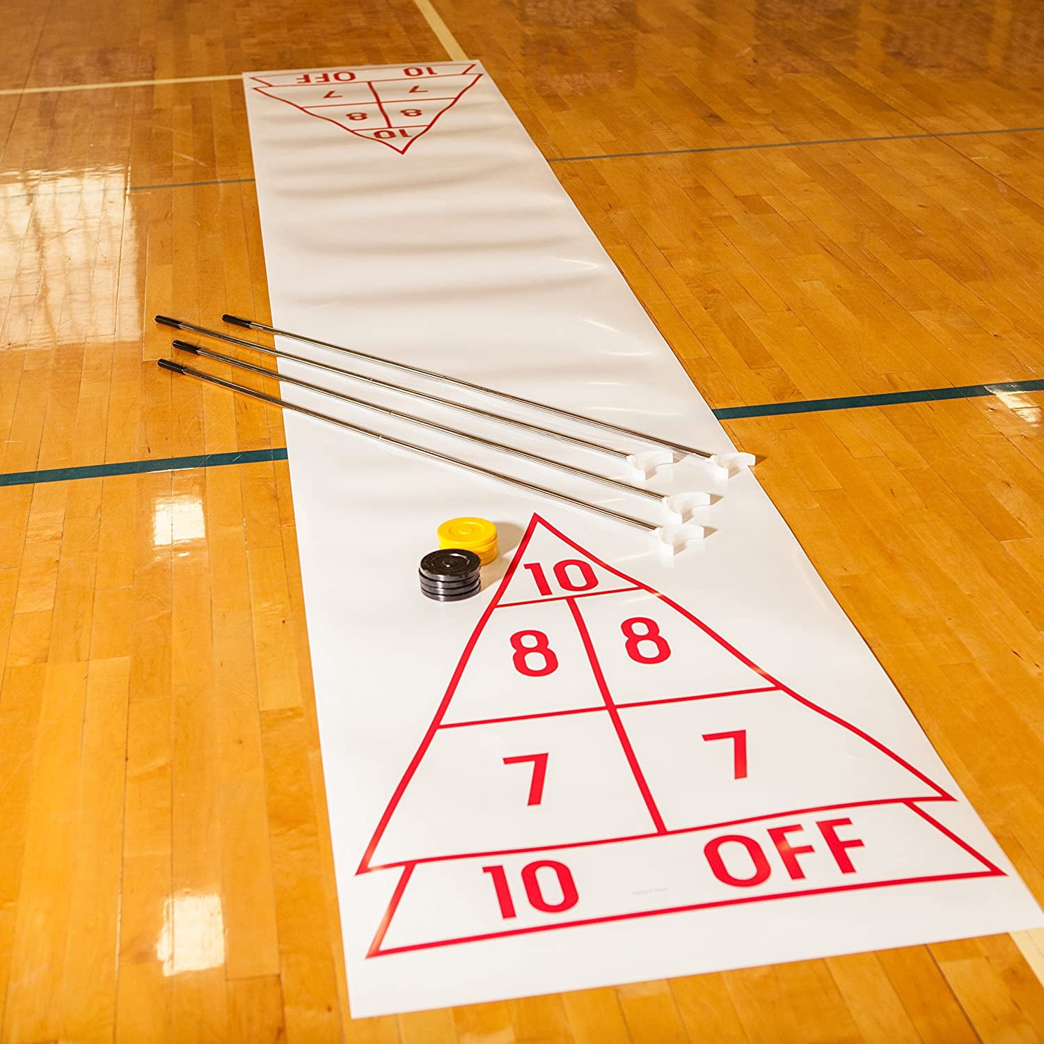 Champion Sports Economy Shuffleboard Set: Indoor Outdoor Game - 8 Pucks 4 Cue Sticks & Plastic Court, 30 x 180"