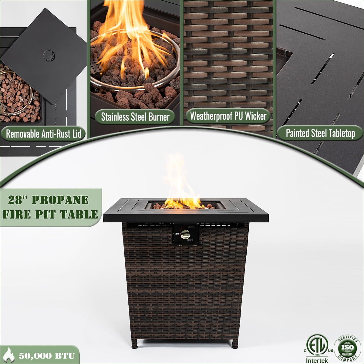 28" Propane Fire Pit Table, SHINPT Outdoor Gas Fire Pit Table, 50000 BTU Square Steel Fire Pit with Beautiful Wicker Base, Gas Fireplace for Garden, Patio, Yard, Backyard, Add Warmth to Parties