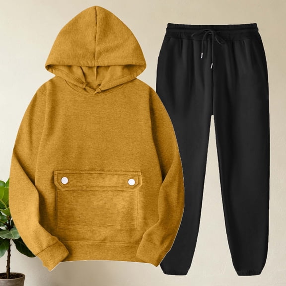 Caywon Women's Fashion Casual Solid Color Hooded Sweatshirt with Pockets Cuffed Sweatpants 2-Piece Set (1 Top 1 Pants) Loose Fit Round Neck Long Sleeve for Daily Leisure